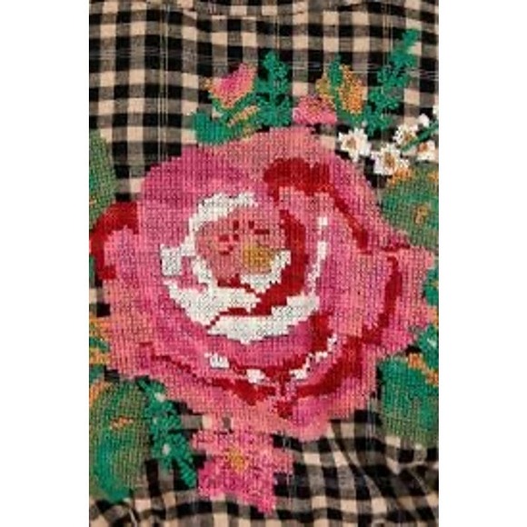 FARM RIO Rooster Cross Stitch Embroidered Pants Plaid (Black & Cream) - Picture 7 of 10